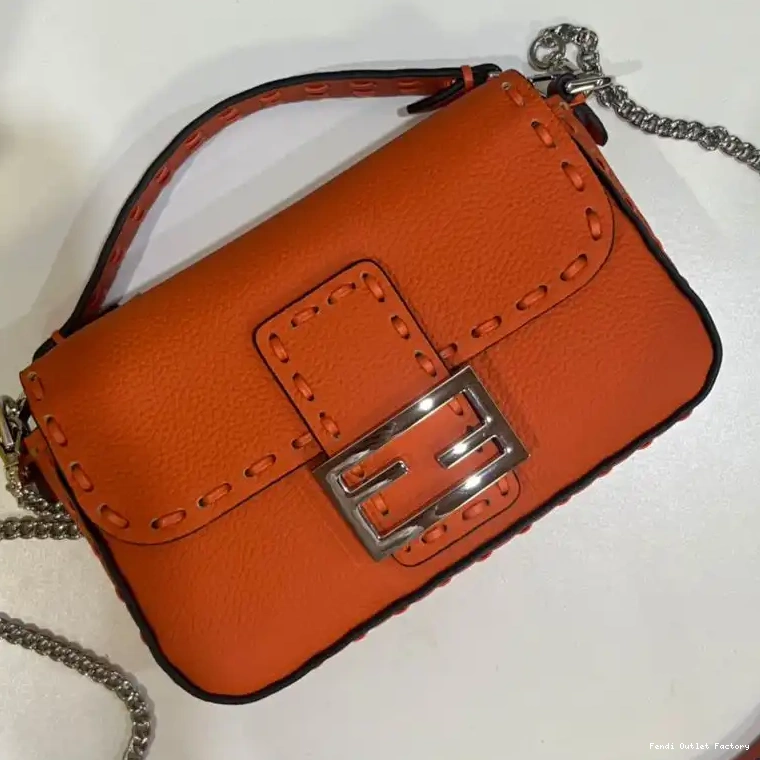 Cheap HOT Orange In Fendi Selleria Mini Leather Bag Cuoio Romano Baguette 0427